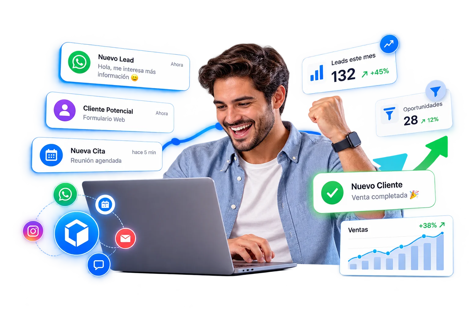 Dueño de negocio celebrando nuevos leads, citas y ventas en Kubegest